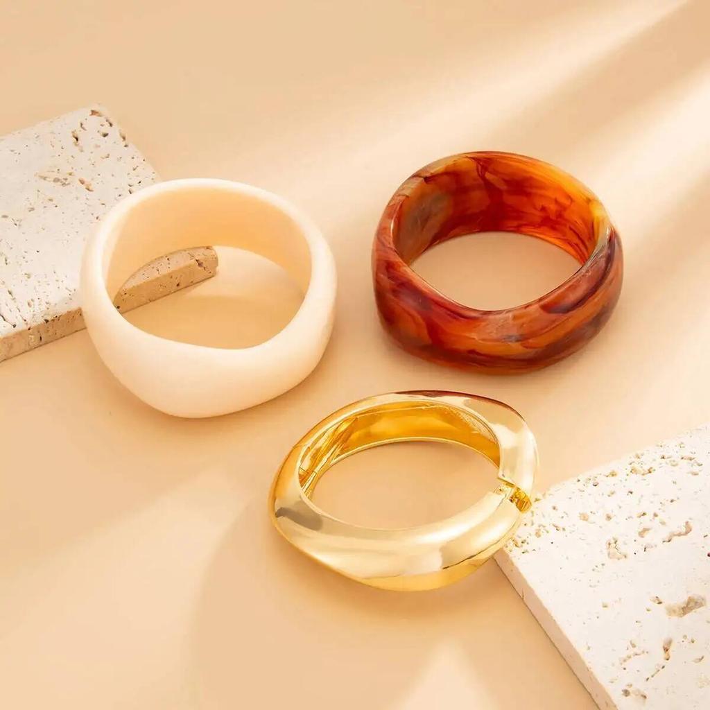 IngeSight.Z 3 Styles Punk Irregular Wide Chunky Resin Acrylic Smudging Bangle Women Geometric Spring Metal Bracelet Jewelry Gift