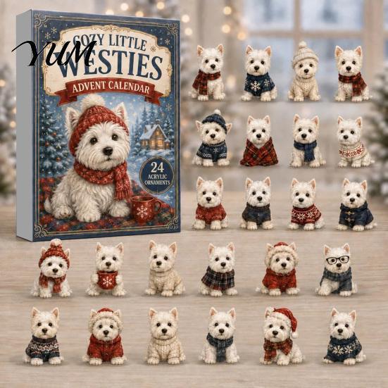 Cute Animal Desk Ornaments 24 Days Dog Advent Calendar 2026, 2D Acrylic Puppy Christmas Pajamas Series Hanging Pendants Countdown Calendar,