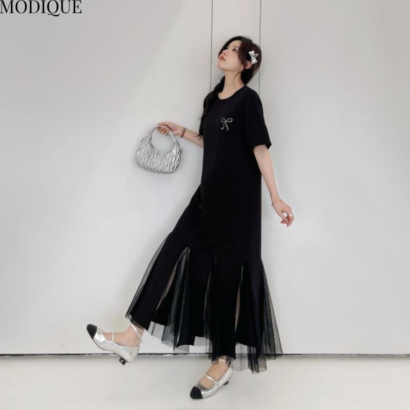 MODIQUE Summer Plus Size New Women Loose Elegant Solid Color Printing Mesh Hemline Long Dress Female Casual Short Sleeve O-Neck Dresses