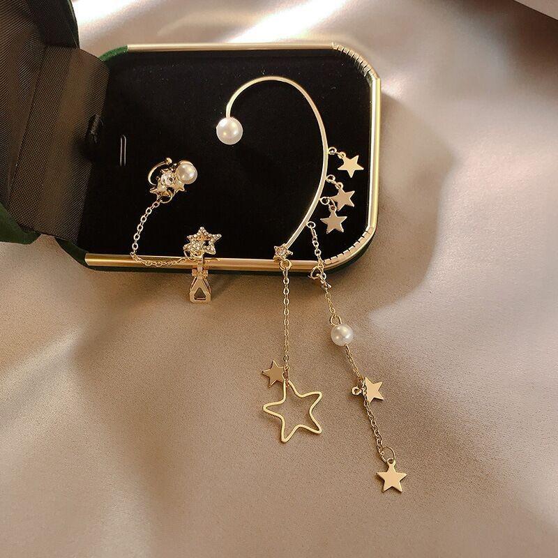 IF ME Korean Fashion Retro Asymmetrical Pearl Star Earrings Personality Exaggerated Tassel Ear Clip Jewelry Accessories