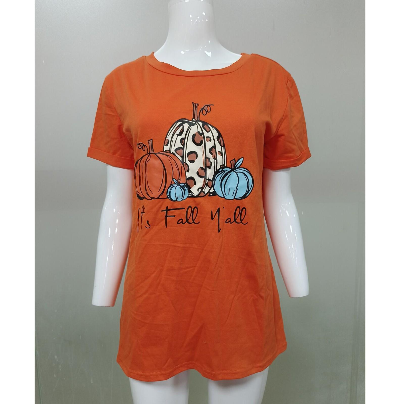 

Женская мода, повседневная свободная рубашка с круглым вырезом и принтом на Хэллоуин, топ с короткими рукавами, осень M оранжевый