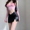 High Waist Leather A-Line Skirt with Slit, Spring/Autumn 2024, Plus Size Available, Sexy Hip-Hugging Short Skirt for Women