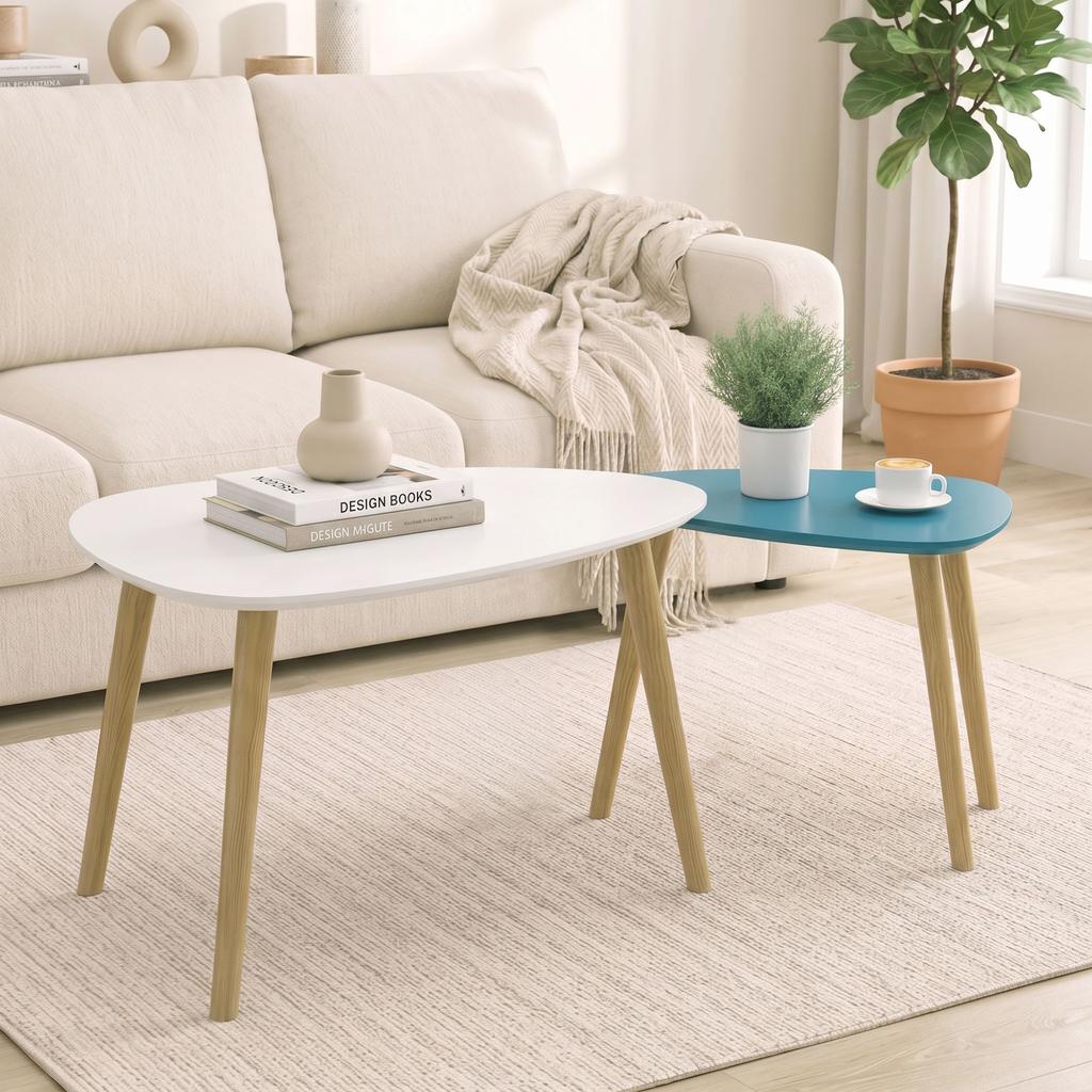 Nesting Coffee Tables, Set of 2, Wooden Legs, Wooden Tops, White and Blue