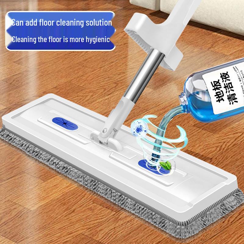 Chenille Rotatable Flat Mop with Built-in Liquid Dispenser, Dual-Use for Dry & Wet Cleaning, No-Rinse Design.