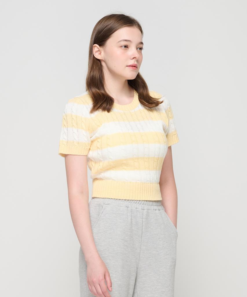 ROIDESROIS Striped Cable Knit Short Sleeve Slim Knit (Yellow)
