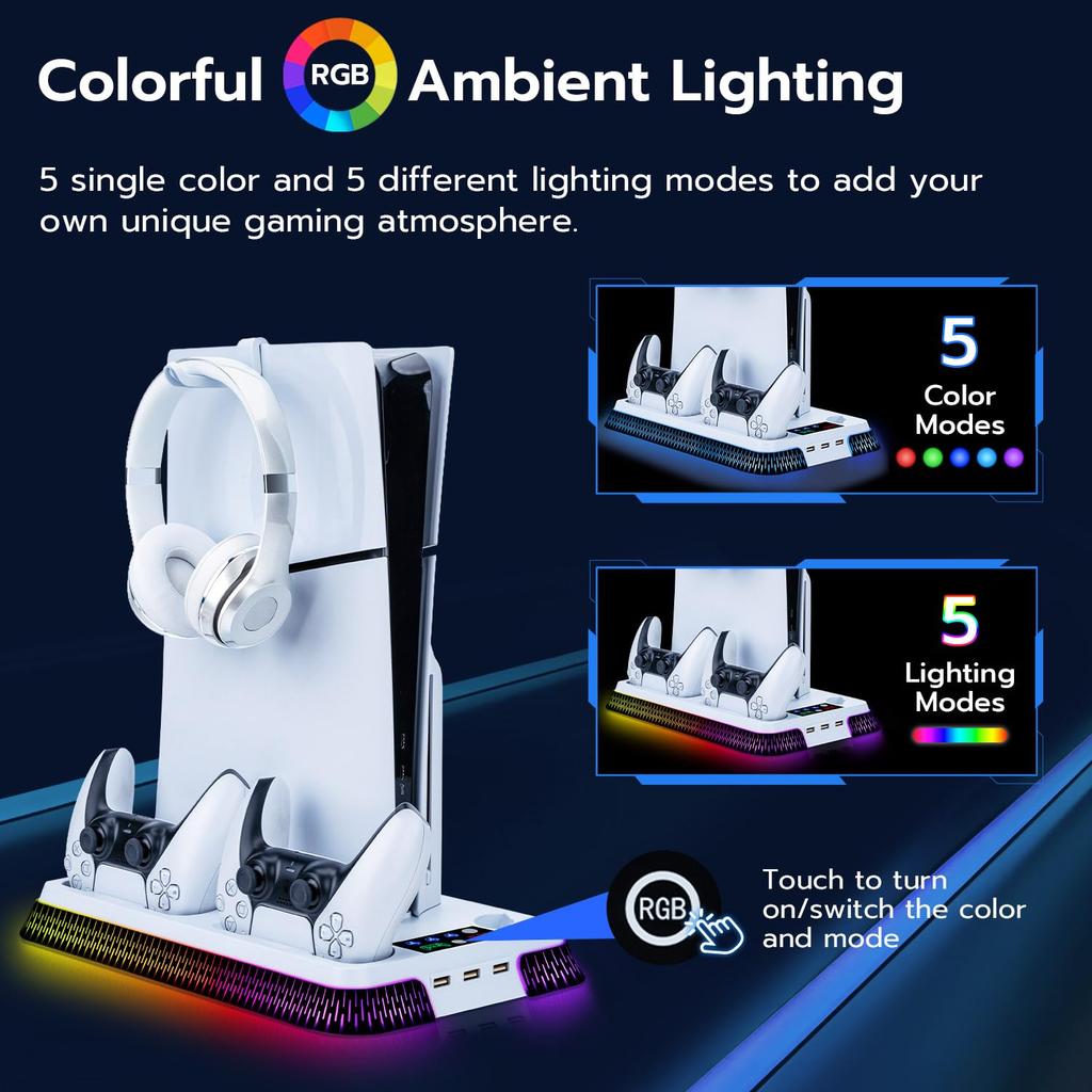 Mcbazel PS5 Slim Compatible Cooling Fan Dual Controller Charging Station with RGB Lighting and Headset Compatible with Both Disc and Digital Cooling