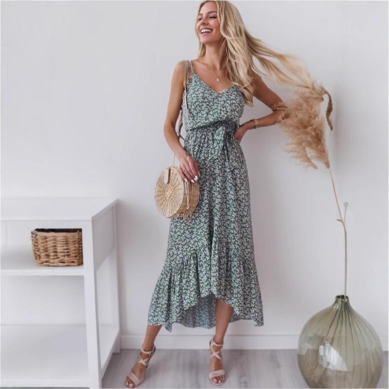 Sexy Halter Dress Small Flower Waist Long Dress for Women