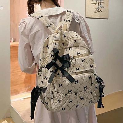 Daypack Corduroy Bow Backpack Silk Design Casual Students School Bag Fixed Webbing Polyester Large Capacity Backpack Sweet Girls