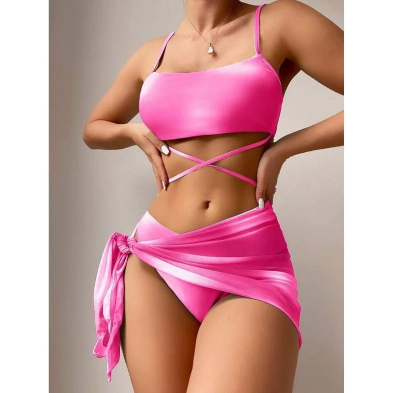 Womens Tie-Dye Print Adjustable Backless 3-Piece Bikini Set With Padded Cups Pool Beach Vacation Swimwear