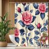 1 Elegant Rose Pattern Shower Curtain With Pink Flowers And Blue Leaves On Cream Background - Polyester Fabric - For Bathroom
