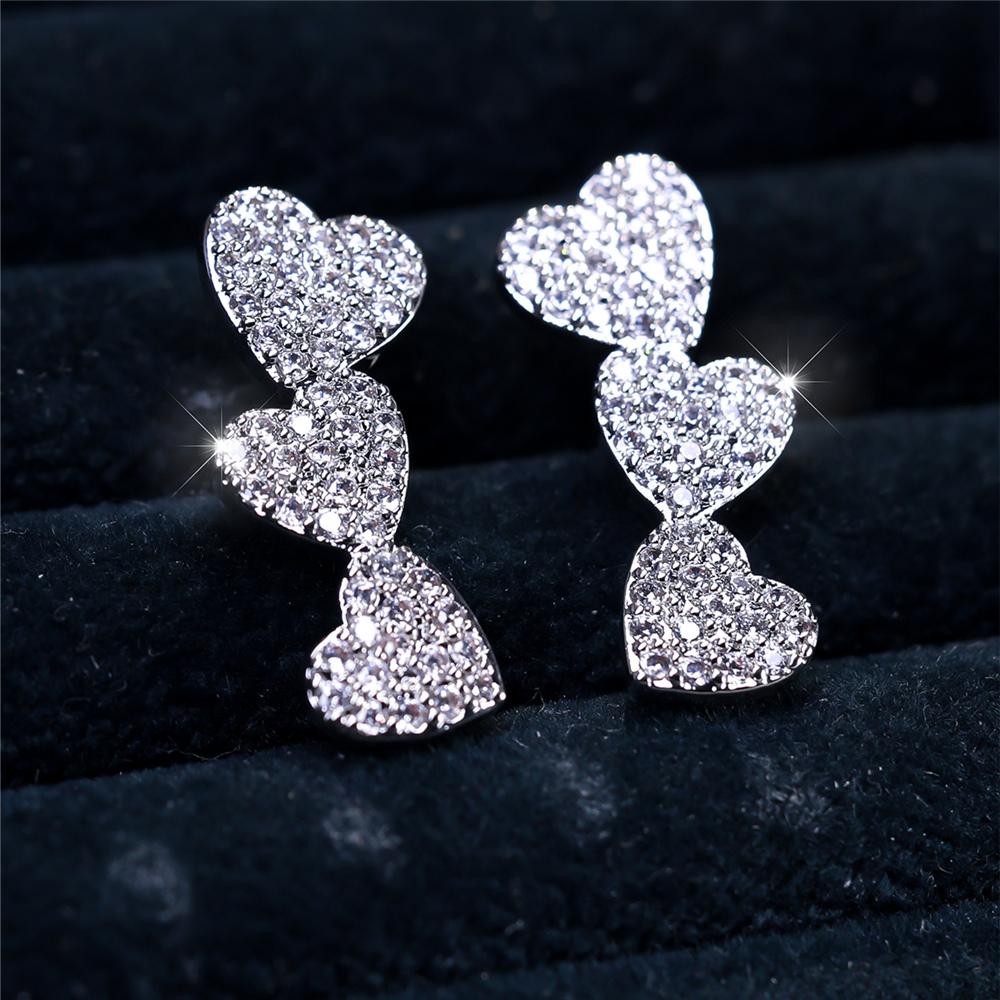 Cute Female White Zircon Cute Love Heart Stud Earrings Silver Color Wedding  For Women