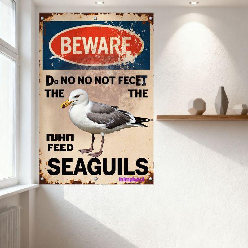 Vintage Rusty Metal Sign Beware Seagull Fun Feed Seagulls Home Decor Art Plaque for Cafe Man Cave