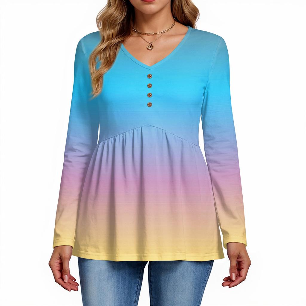 Women's Casual Fashion V-Neck Button Gradient Long Sleeve Top