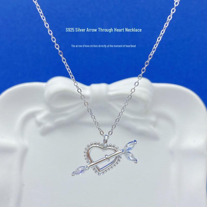 S925 Sterling Silver Arrow Through Heart Necklace for Women - Elegant, Minimalist Design, Perfect Valentine's Day Gift