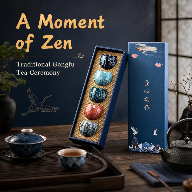 Japanese Style Ceramics Tea Bowl Five Elements Cup Handmade Ceramic Tea Cup Set of 5 Colors Gift Box Tea Accessories