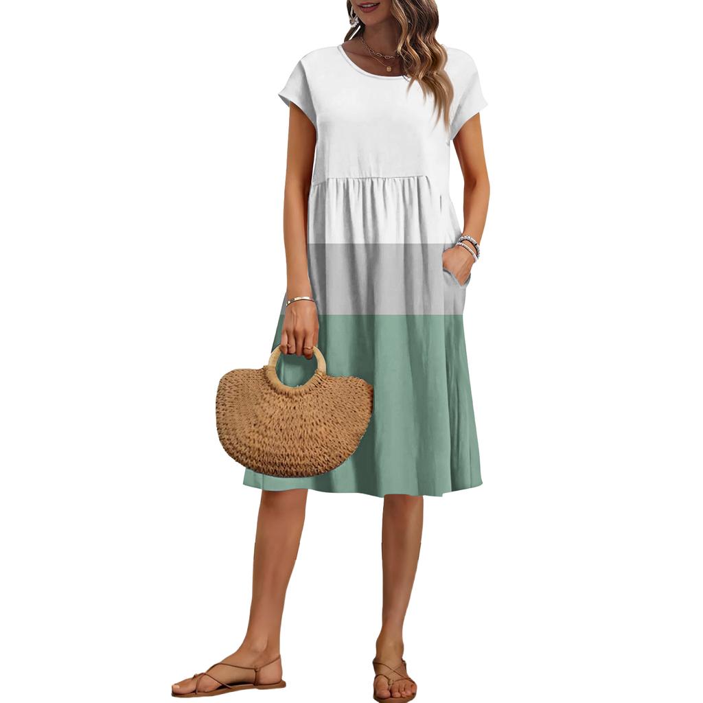 Women's Summer Fashion Casual Round Neck Short Sleeve Striped Print Dress