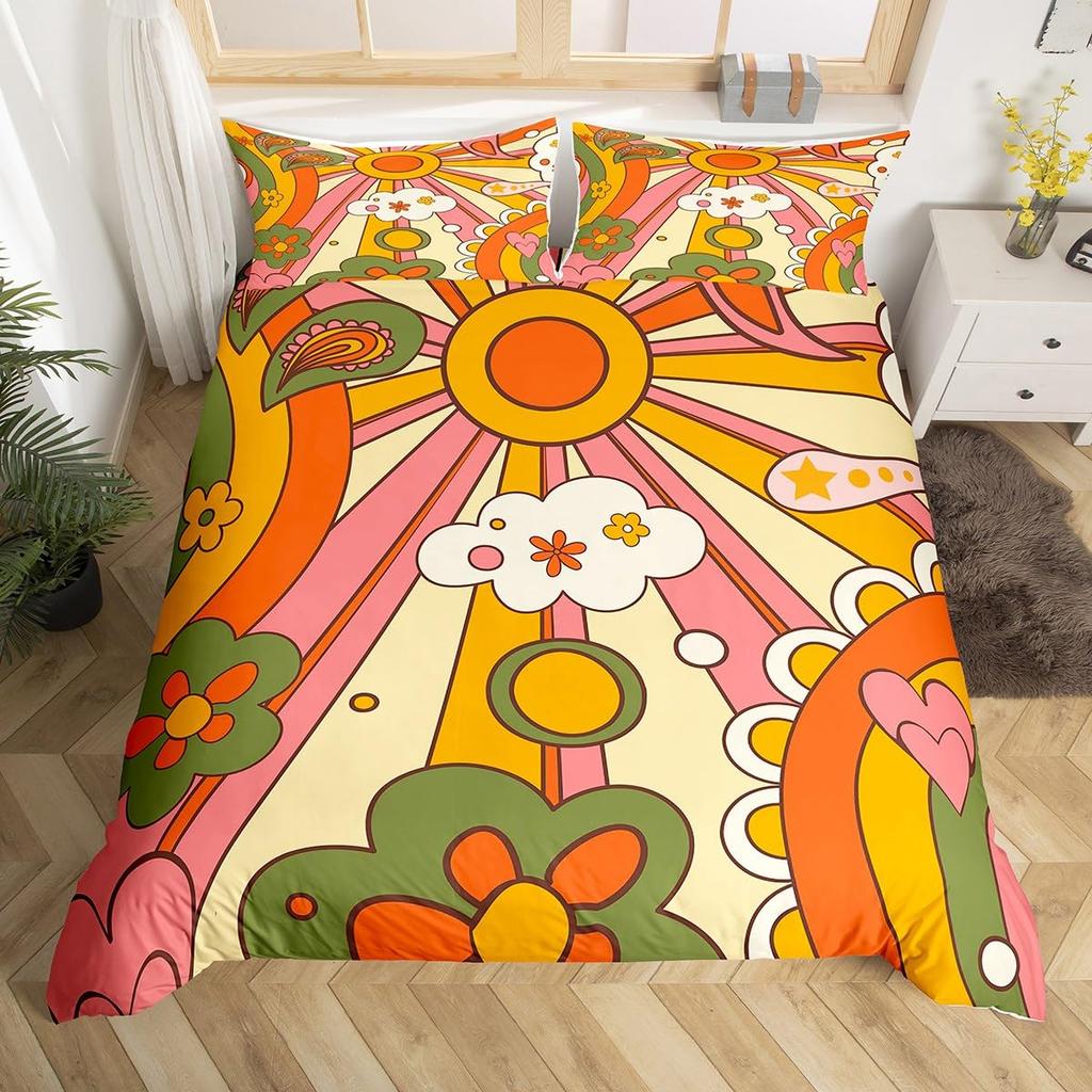 Erosebridal 60S 70S Hippie Duvet Cover Twin Vintage Boho Sun Bedding Set Groovy Flowers Clouds Love Hearts Comforter Cover for Kids Girls Te