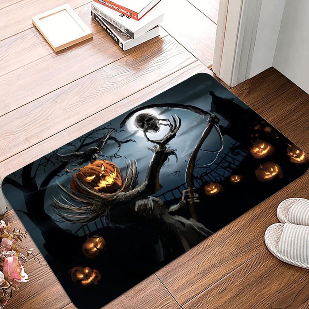 Halloween Pattern Door Mat Vivid Pumpkin Moonlit Night Designs with Bats and Spooky Trees NonSlip Floor Mat for Home Decor