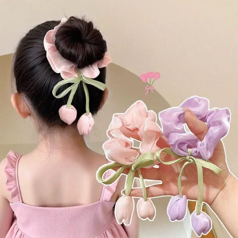 4Pcs Fashion Hair Accessories Cute Tulip Flower Large Intestine Scrunchie For Girls Sweet Hair Ornament Headband Hair Tie