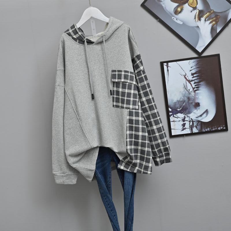 Plus Size Women's Hooded Sweater 2025 Autumn New Korean Loose Splicing Plaid Top
