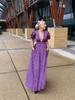 Summer Purple Printed Deep V-neck Women Dress Pleated Puff Sleeve A-line Party Evening Lady Robe