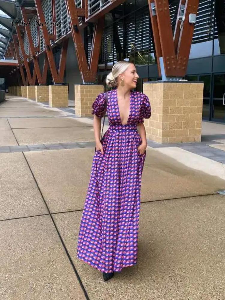 Summer Purple Printed Deep V-neck Women Dress Pleated Puff Sleeve A-line Party Evening Lady Robe
