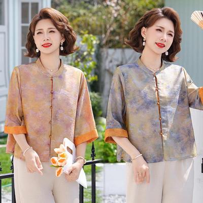 New 2026 Chinese-Style Summer Jacquard Seven-Sleeve Top for Middle-Aged and Elderly Women