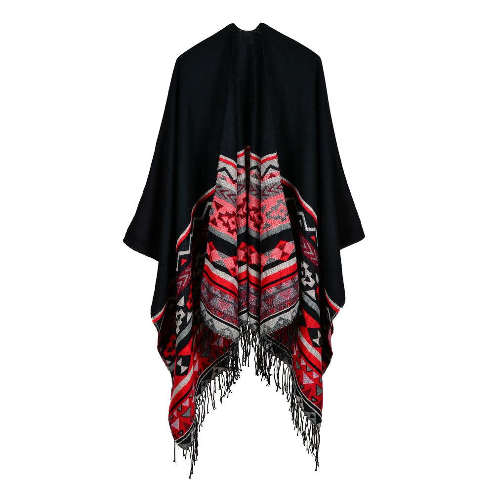 Versatile Plaid Women's Faux Cashmere Shawl: Ethnic Style Slit Cape for Autumn/Winter