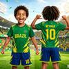 Boys Brazil Soccer Uniform Set Yellow Flag Print Short Sleeve Jersey Shorts Two Piece Outfit Quick Dry Fabric for Football Match