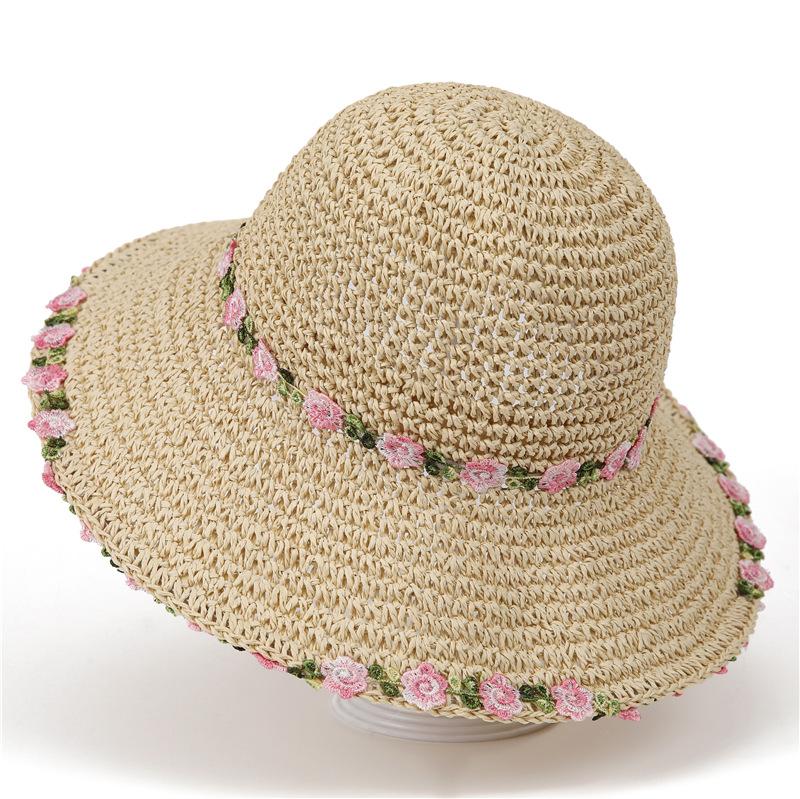 Idyllic Weaving Small Flowers Fisherman Straw Hat Woman Summer Seaside Photo Beach Sun Protection Sun Shade Hat