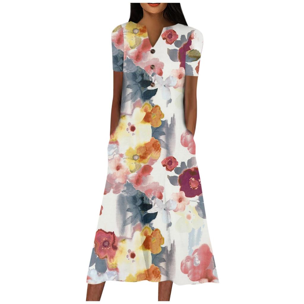 Women's V-neck Short Sleeve Dress Polka Print Casual Dress With Pockets