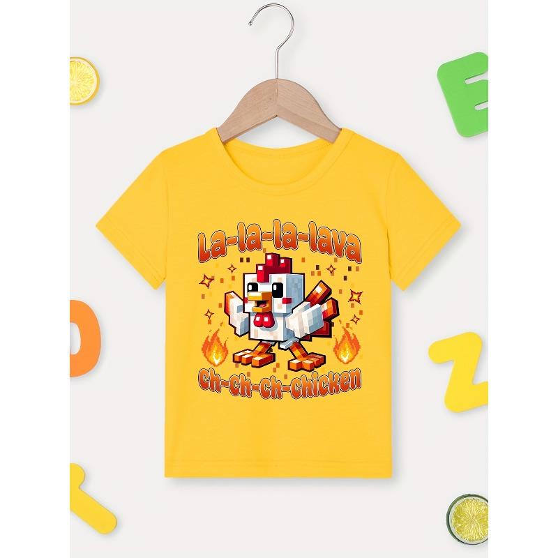 European sizes Summer Stylish Short-Sleeve T-Shirt for Boys Featuring a Fiery Little Rooster Print with "LA-LA-LA-LAVA, CH-CH-CH-CHICKEN"