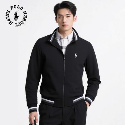 Men Ralph Lauren Pony Embroidery Bomber Jacket Striped Rib Stand Collar Zip Up Windbreaker Spring Autumn Casual Sport Outerwear Coat