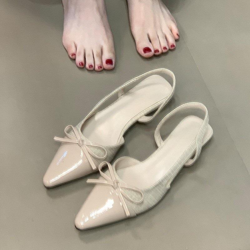 Gentle Temperament Shallow Mouth Women's Single Shoes 2025 Summer Bow French Back Empty Splicing Bag Head Sandals