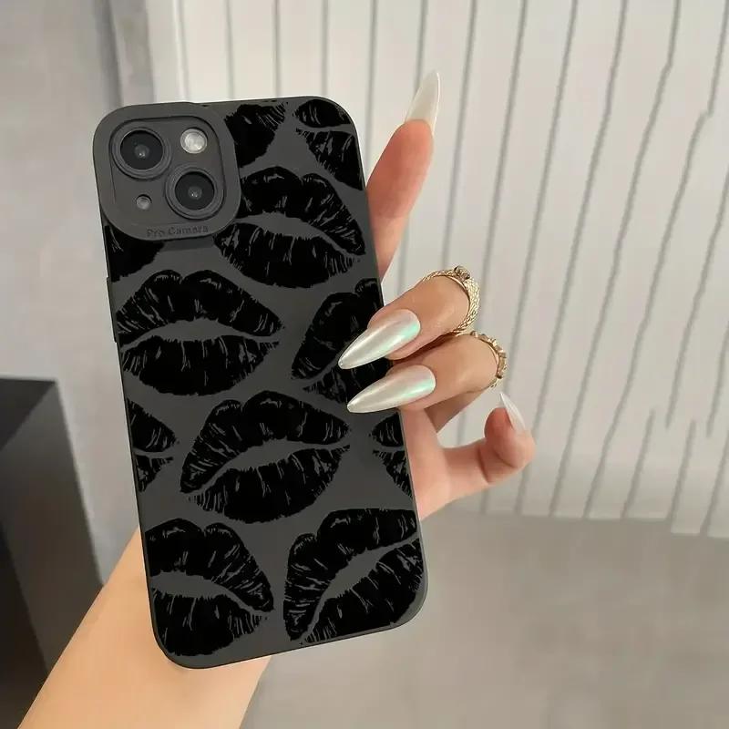 Custodia per Telefono Nera Stile Gotico con Labbra per iPhone 15 14 13 12 11 Pro Max XS X XR 7 8 Plus SE 2020 Mini Cover Morbida in Silicone Antiurto