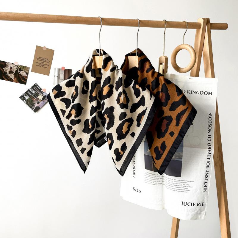 70cm Leopard Print Women's Printed Herringbone Cotton Retro Fashion Scarf Coffee Colored Small Square Scarf