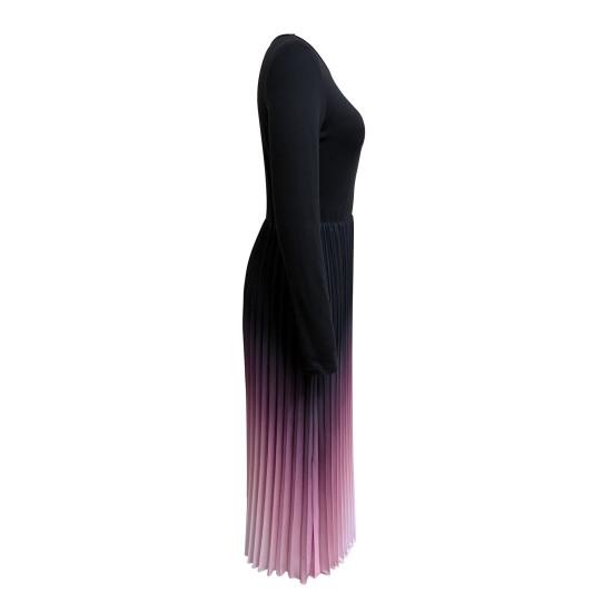 Women's Pleated Gradient Midi Dress Long Sleeve Swing A-line Dress Slim Fit Crew Neck Flowy Cocktail Dress