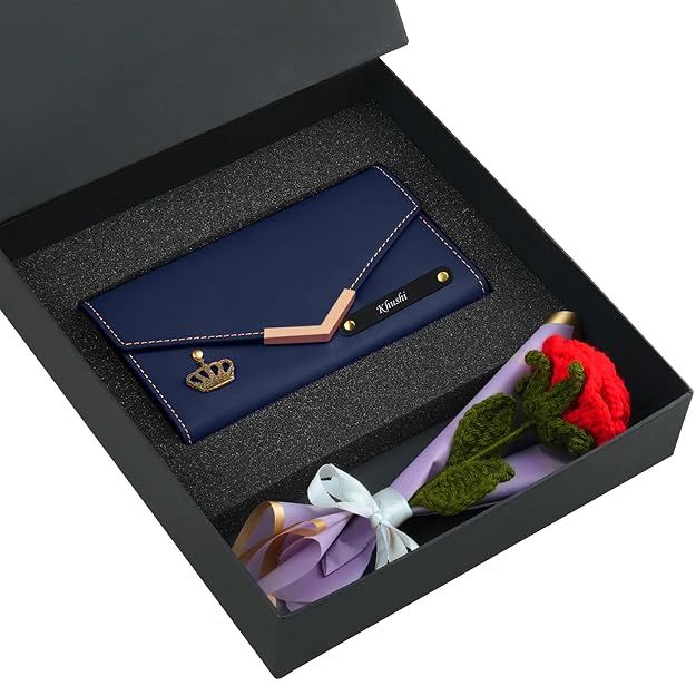 The Wallet Store Personalized Clutch & Artificial Rose Bouquet Hamper With Personalised Note