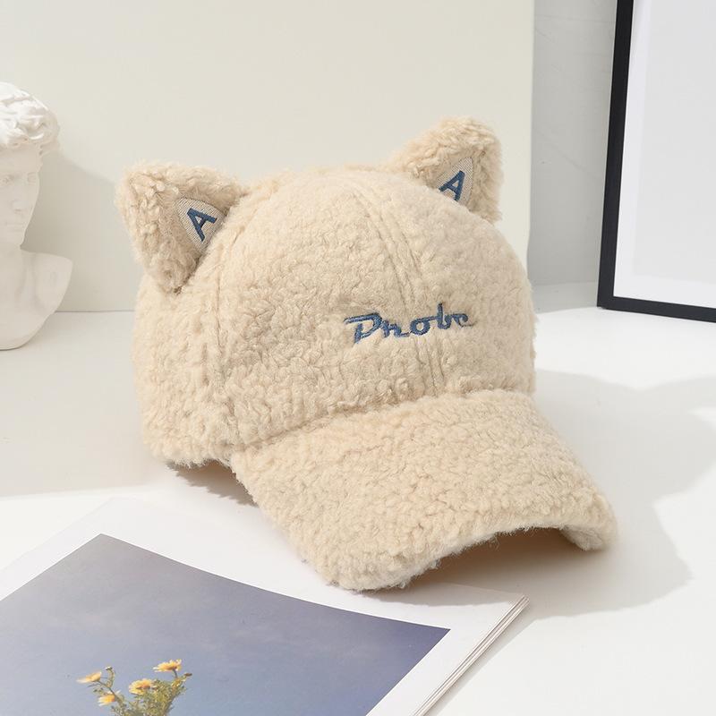 Autumn and Winter Lamb Fur Baseball Cap Warm and Deep Adjustable Head Circumference Plush Baseball Hat Cute Cartoon Cat Ears