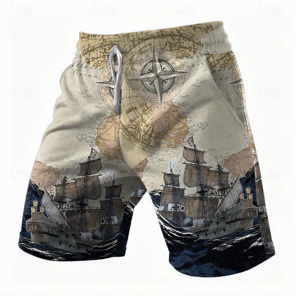 

Men s Nautical Compass Sailboat Shorts Summer Shorts Casual Shorts Mid Waist Streetwear Hawaiian Retro Vintage XL