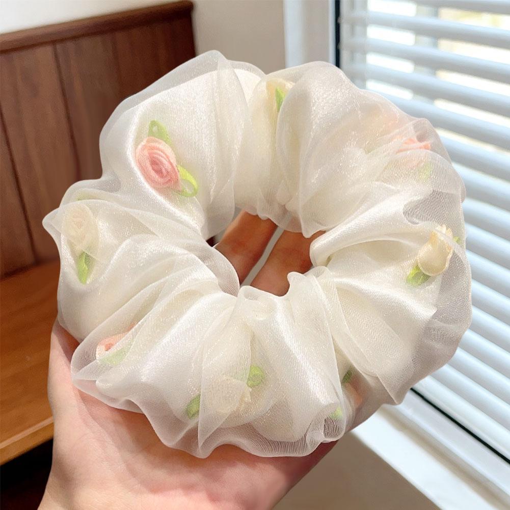 French Romantic Rose Blossom Women Hair Ornament Double Layer Hairpin Mesh Large Intestine Hair Ties Rope Hair Bands For Girls белый