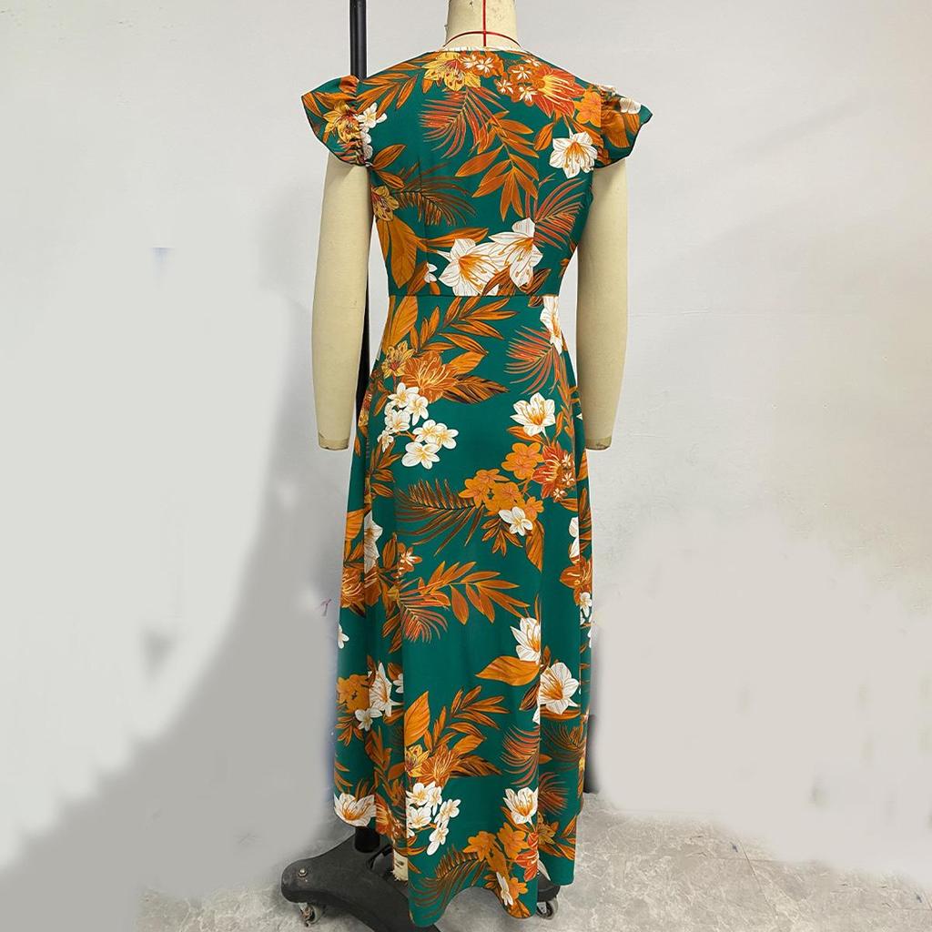 Spring Summer Women Seaside Vacation Slim Fit Sleeveless Dresses High Waist A-Line V-Neck Floral Print Slit Irregular Long Dress S-XL