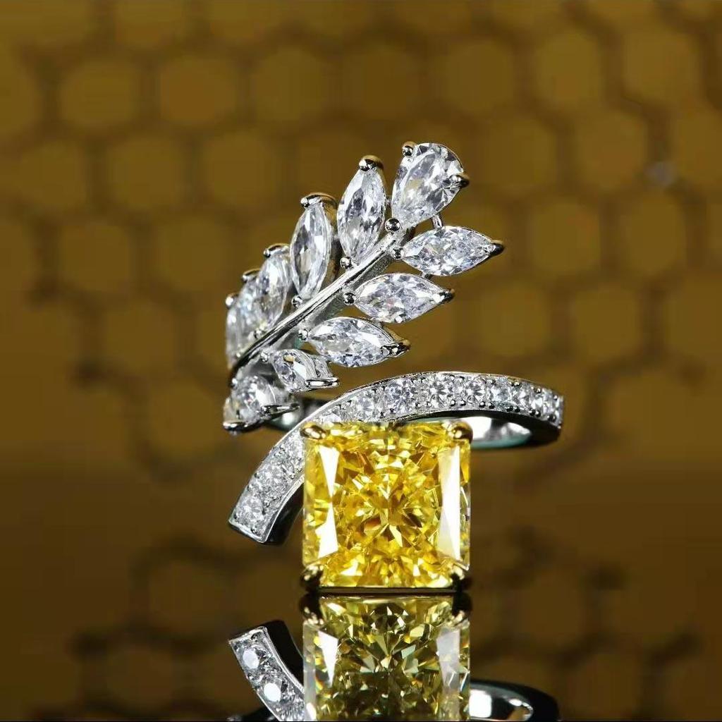 Elegante Anel de Flor de Gelo Radiante com Diamante Amarelo - Joia de Nicho de Alta Gama