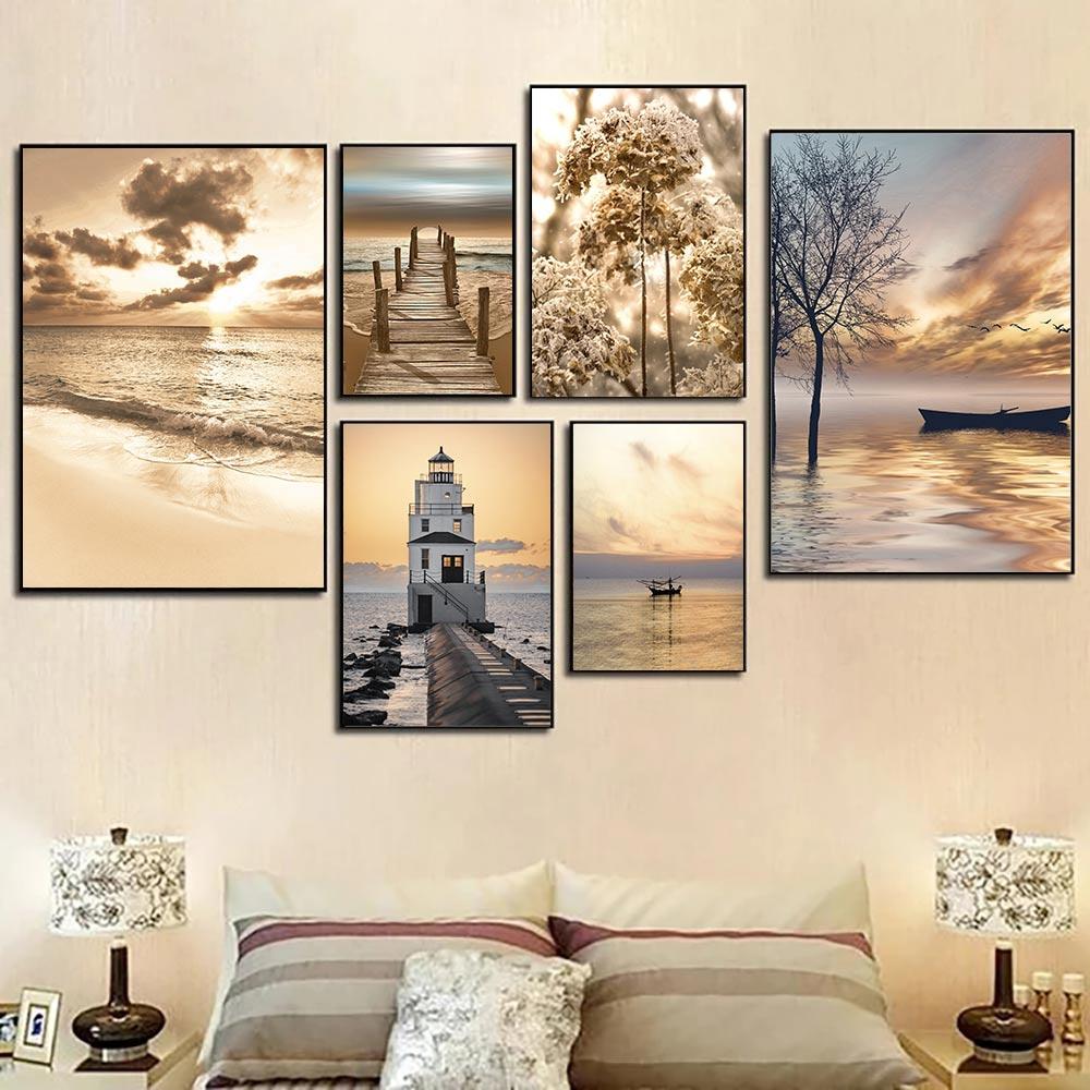 Meer Landschaft Wand Kunstdruck Brücke Holz Wand Poster Heu Leinwand Malerei Boot Nordic Wand Bild für Wohnzimmer Dekor Malerei