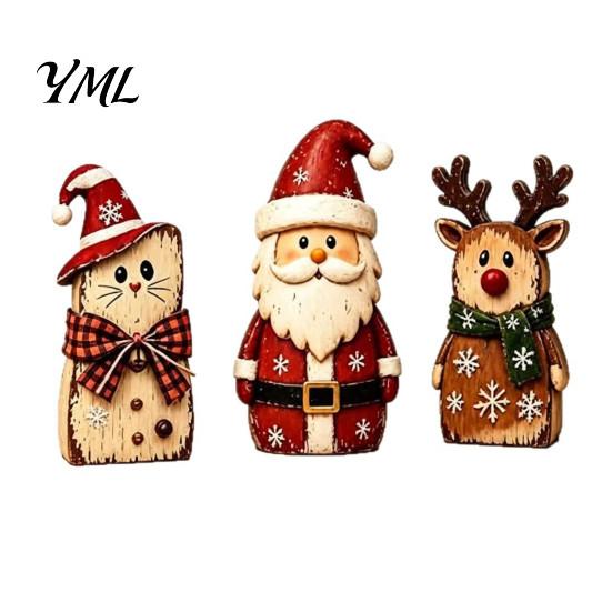 Rustic Holiday Tabletop Decor Christmas Wooden Figurine, Hand Painted Santa Reindeer Cat Decor, Window Display Props Wood Statues for Mantel,