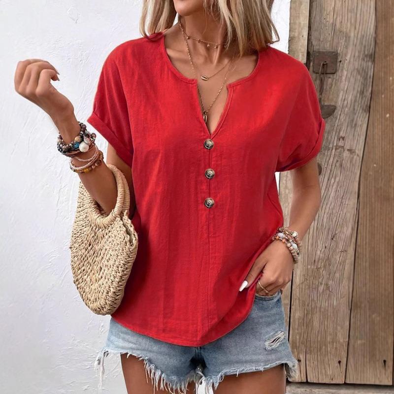 2025 Summer V-neck Short Sleeved Women T-shirt Buttons Plus Size Fashion Casual Office Simple Blouse Solid Color Loose Top Women's Clothing