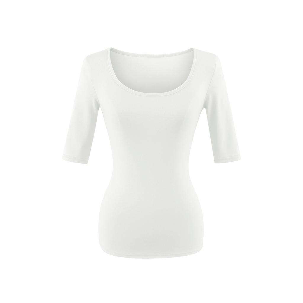 U-neck slightly transparent medium-sleeved T-shirt women's summer new American Spice Girl style solid color sexy slim-fitting bottoming shirt top