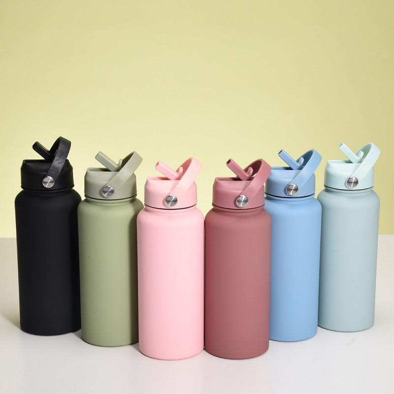1L Stainless Steel Vacuum Insulated Water Bottle With Handle Straw Lid Outdoor Sports Travel