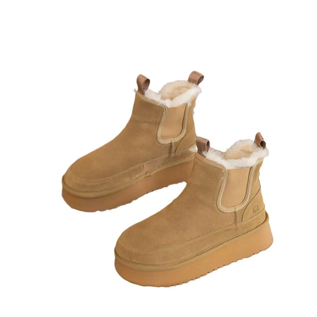 European station 2025 winter leather heightened platform snow boots women's versatile casual sheepskin fur integrated thermal cotton shoes