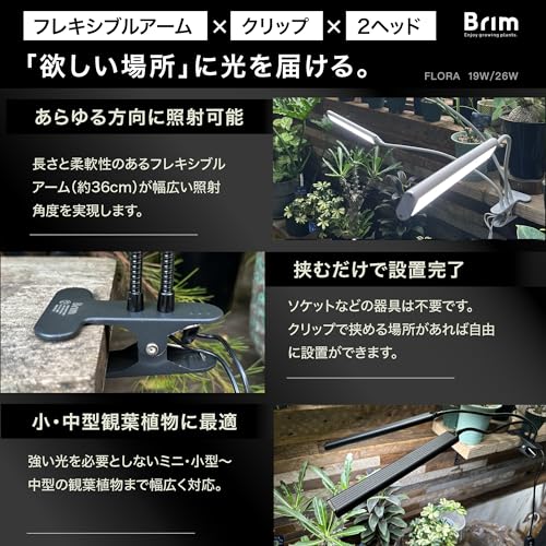 Official BRIM FLORA LED Grow Light, Dimmable, Timer, Full Spectrum, 19W, 4000K-4500K (2 Heads, Black)